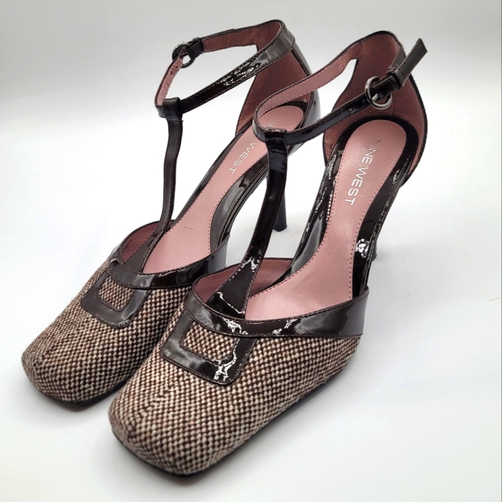 NINE WEST Black Leather Tweed Fabric T-strap Herringbone Heels Shoes Size 8